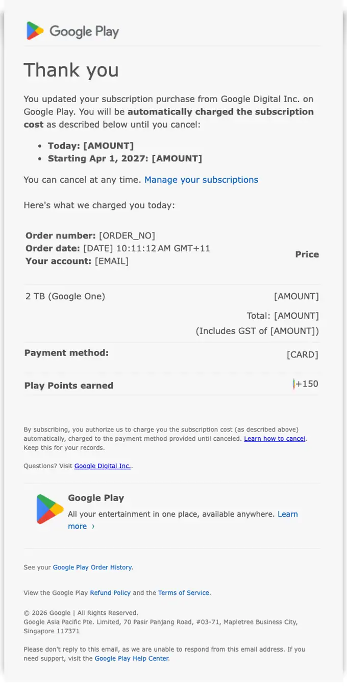 Google Play subscription email, full length