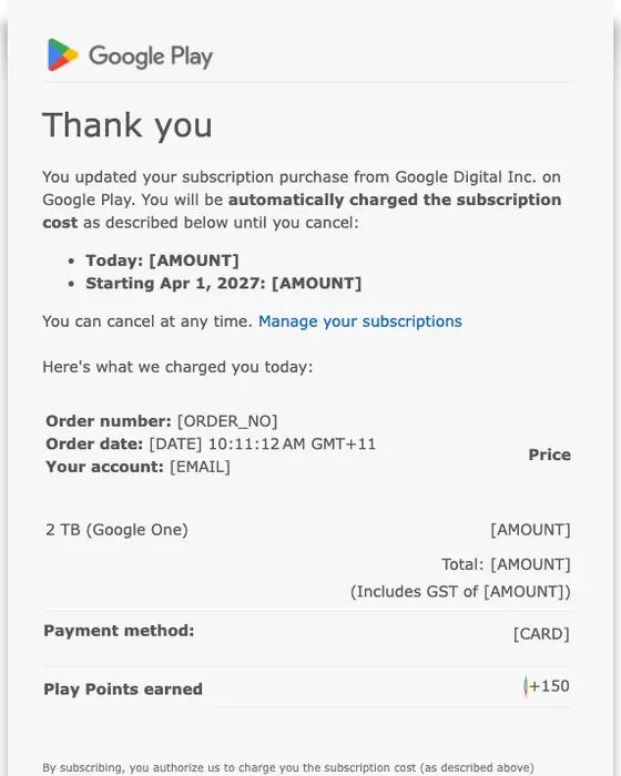 Google Play subscription email