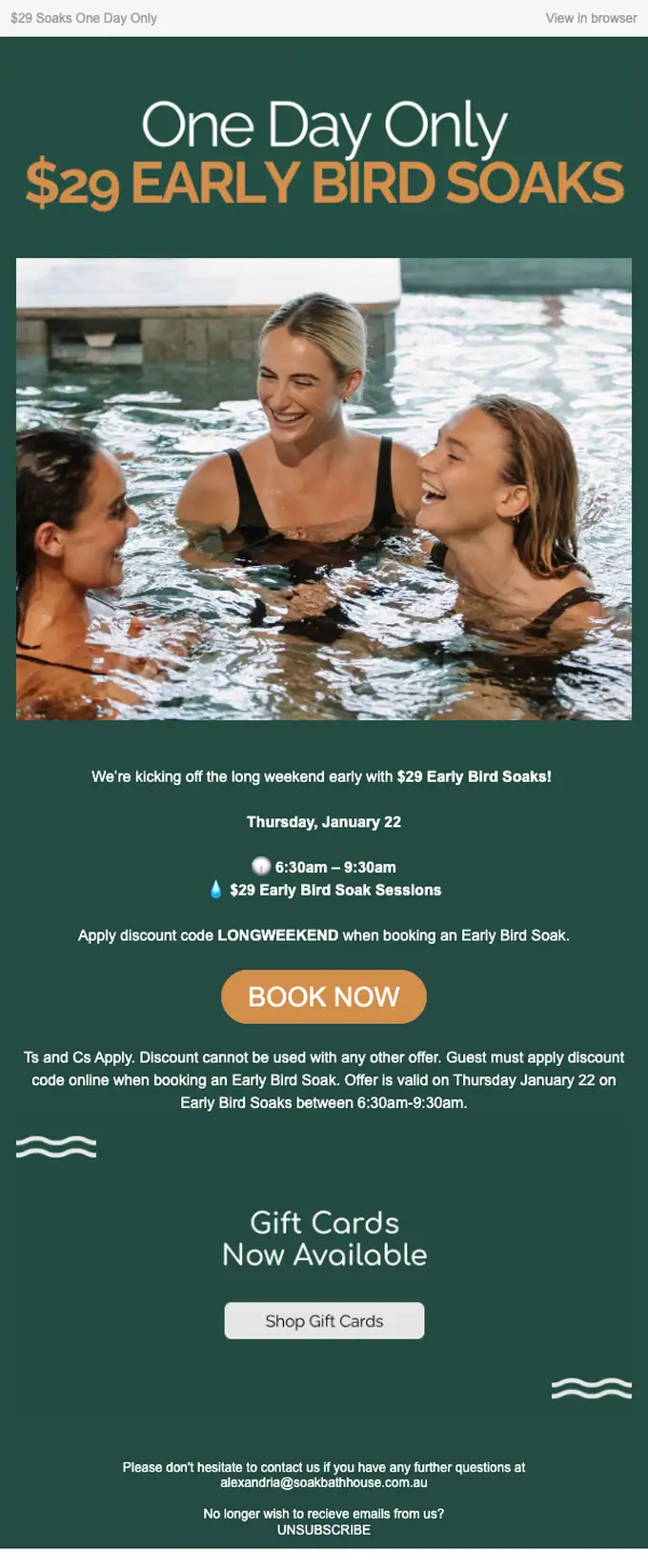 Soak Bathhouse discount offer email, full length