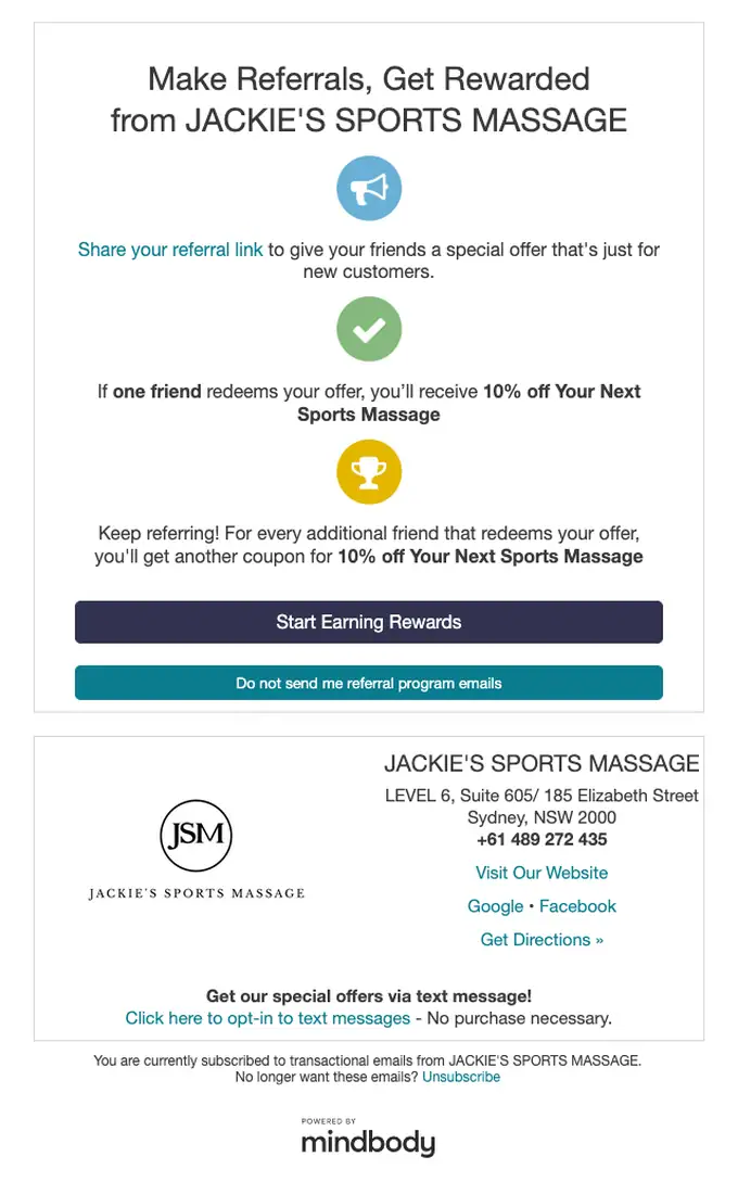 JACKIE'S SPORTS MASSAGE referral email, full length