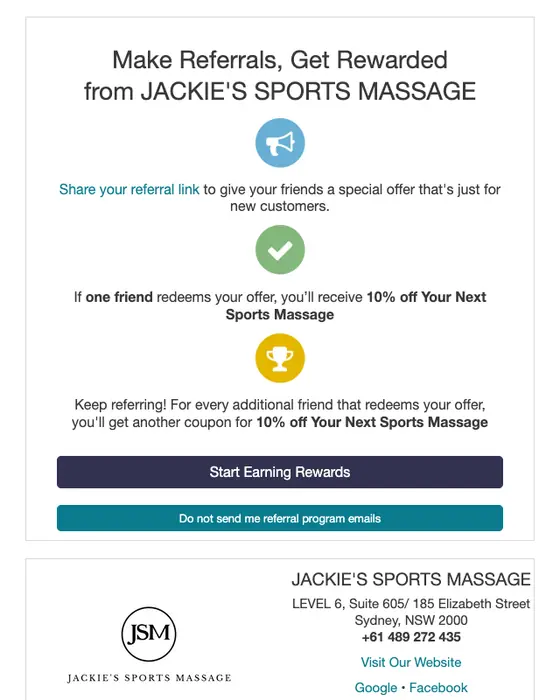 JACKIE'S SPORTS MASSAGE referral email