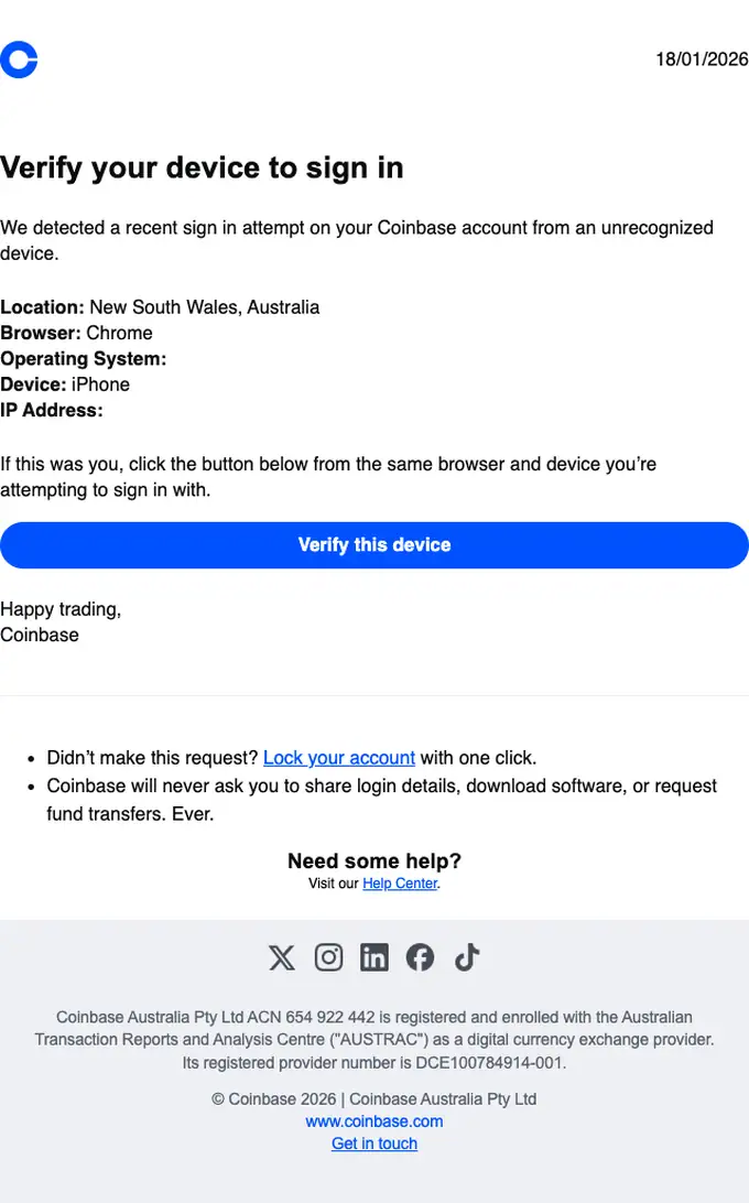 Coinbase security alert email, full length