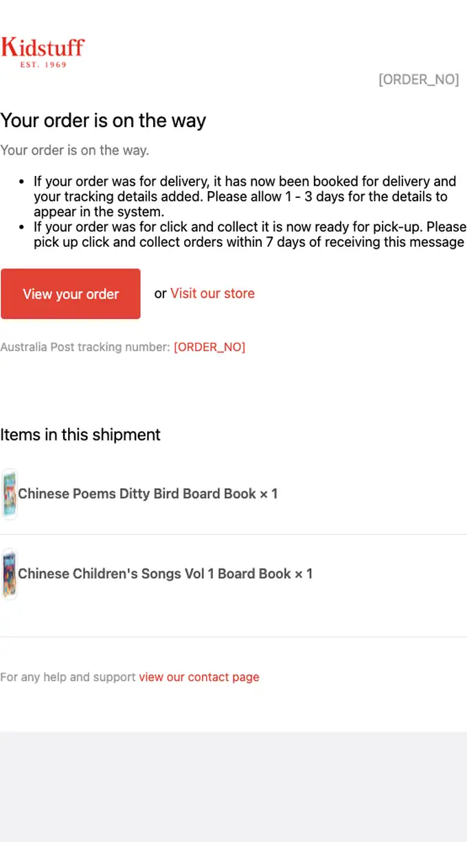 Kidstuff shipping email, full length