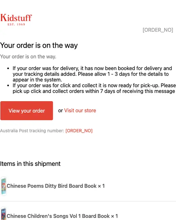 Kidstuff shipping email