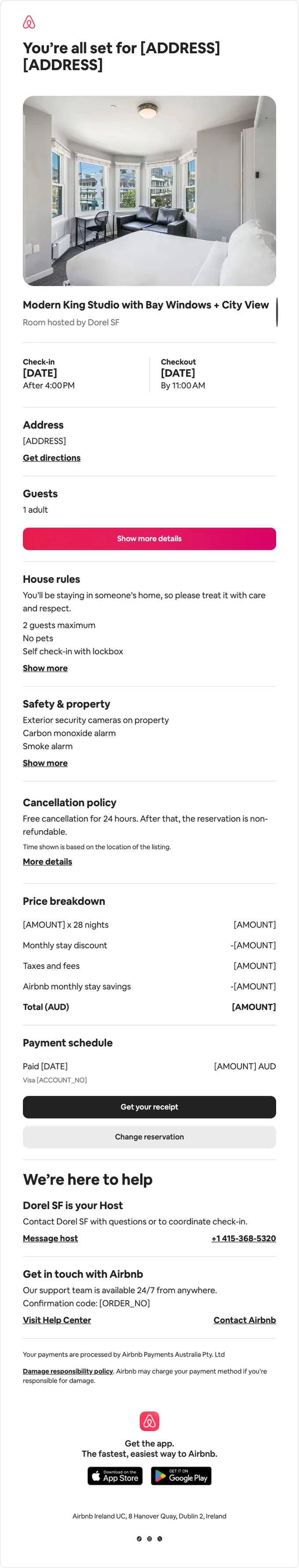 Airbnb receipt email, full length