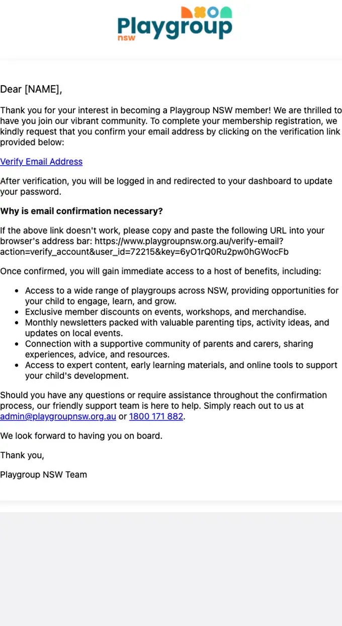 Playgroup NSW email verification email, full length