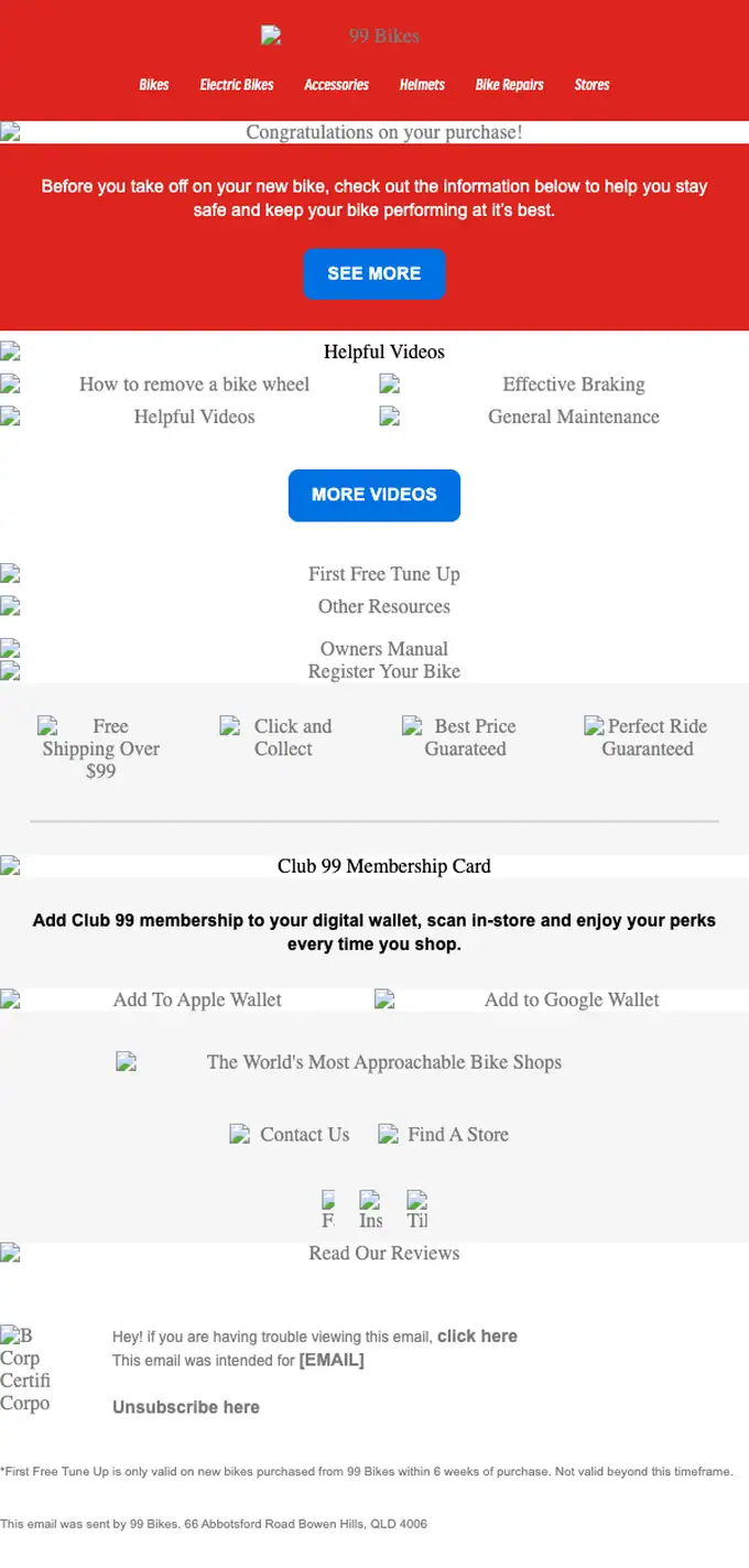 99 Bikes account notice email, full length