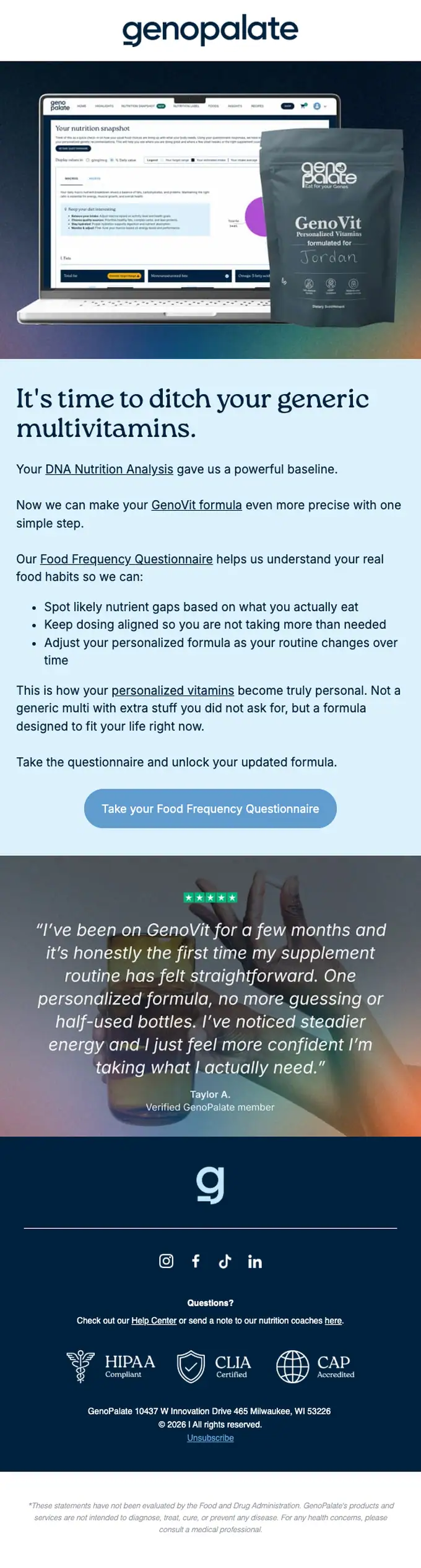 GenoPalate account notice email, full length