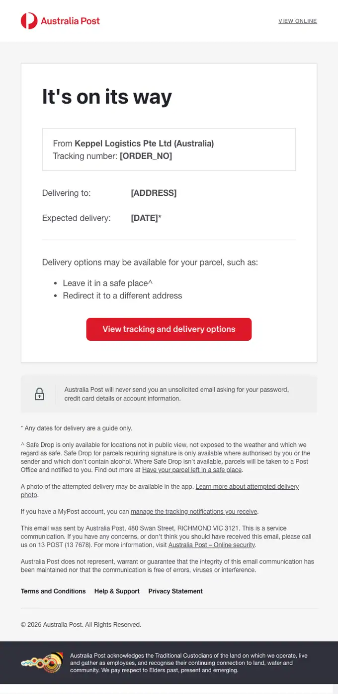 Australia Post tracking email, full length