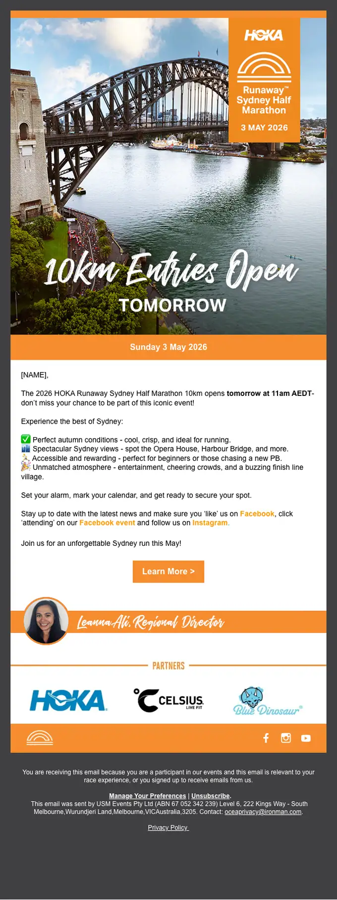 Runaway Sydney Half Marathon event invite email, full length