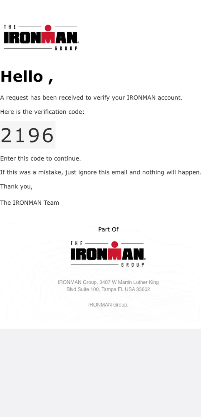 The IRONMAN Group email verification email, full length