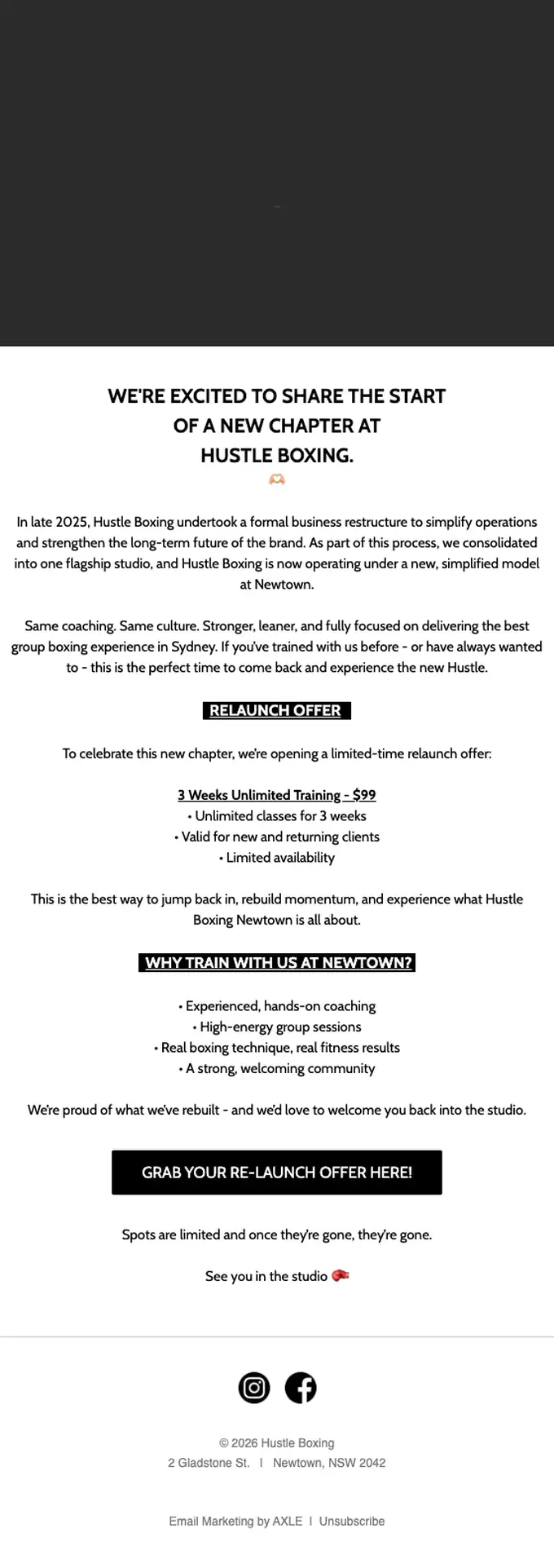 Hustle Boxing re engagement email, full length