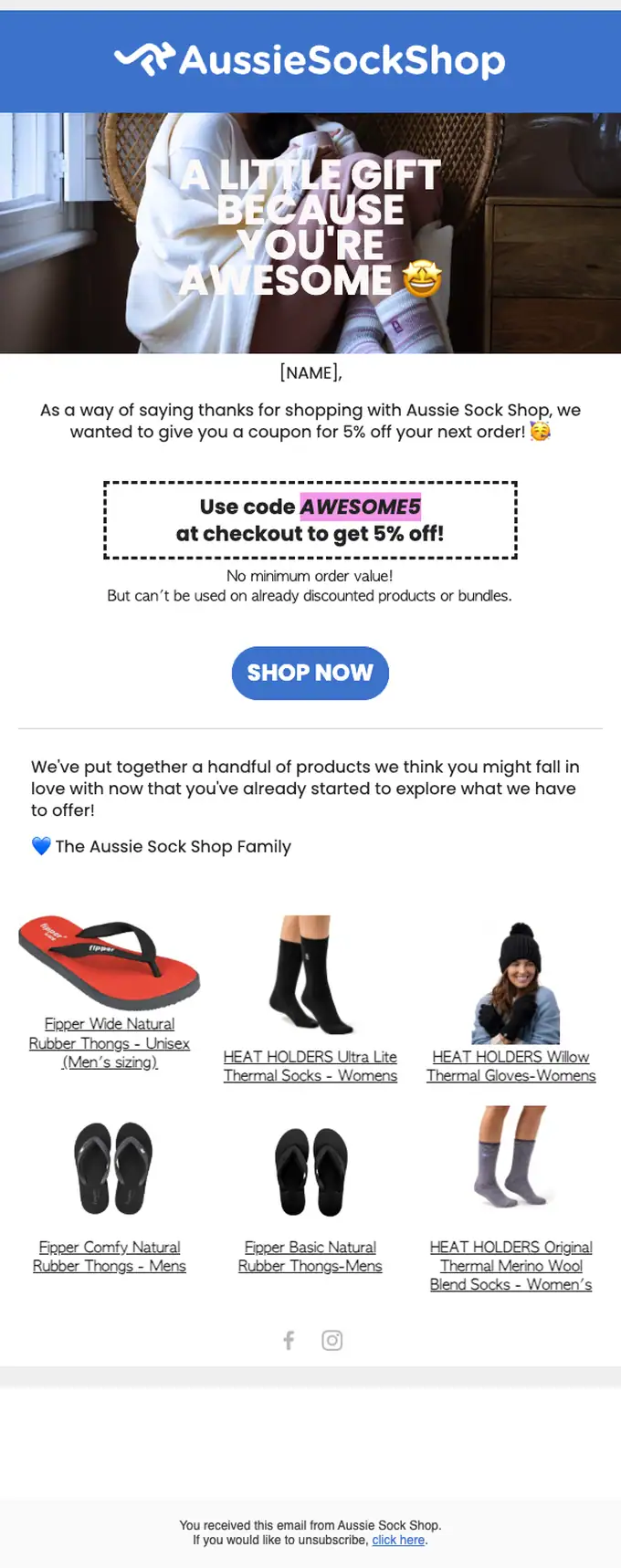 Aussie Sock Shop discount offer email, full length