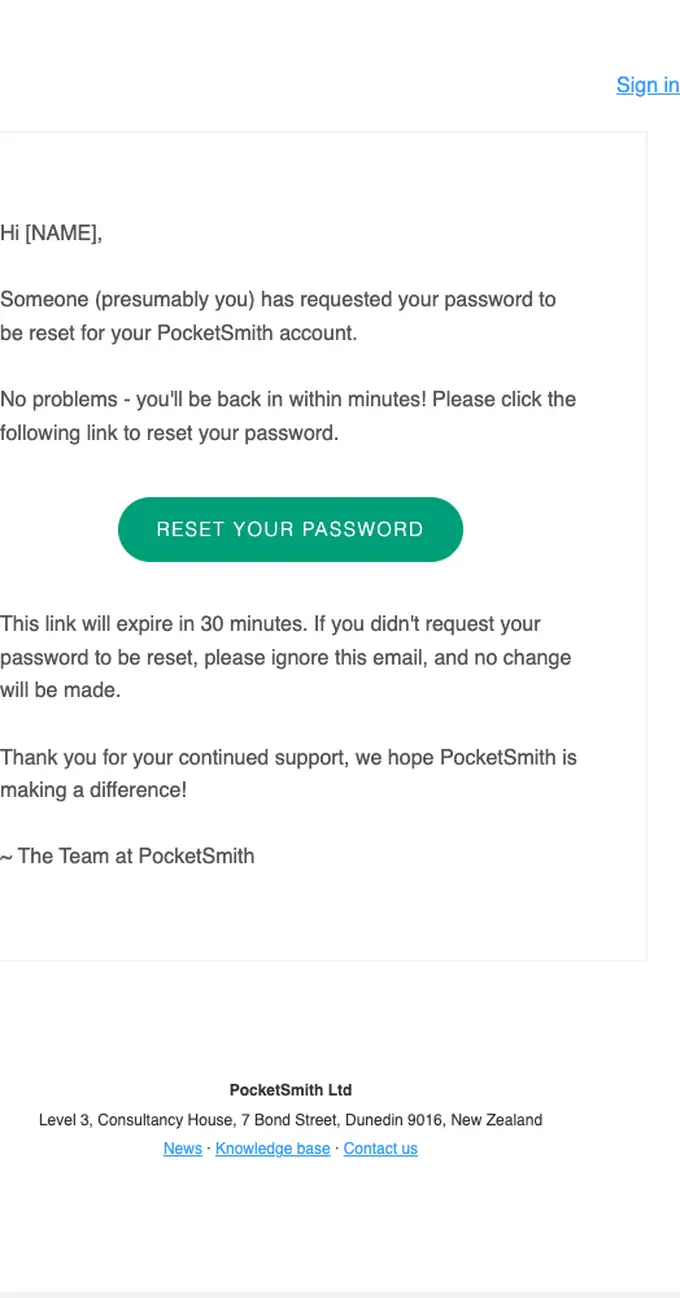 PocketSmith password reset email, full length