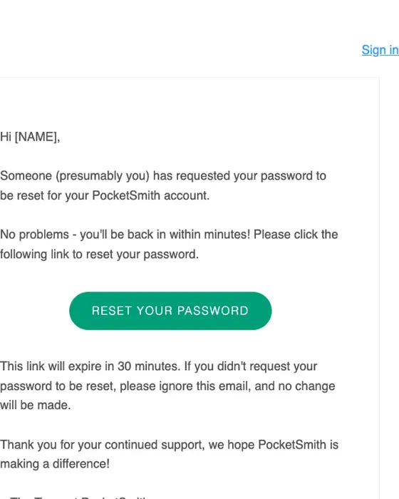 PocketSmith password reset email