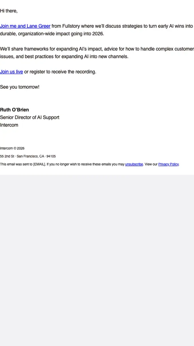 Intercom webinar email, full length