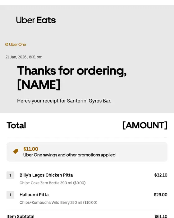 Uber Eats receipt email