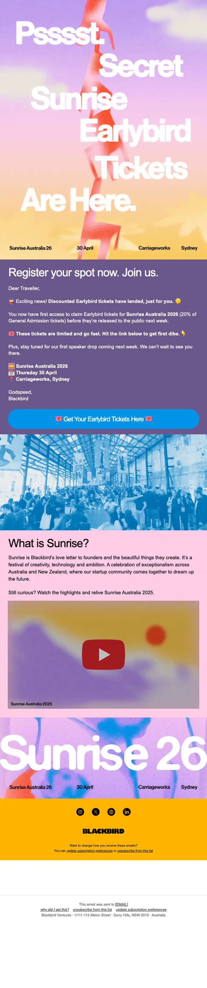 Sunrise by Blackbird event invite email, full length