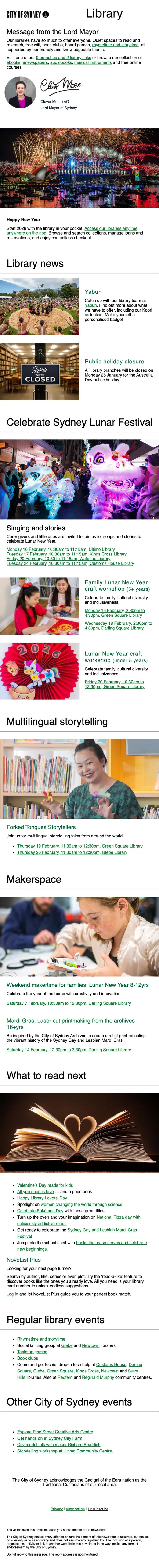 City of Sydney library newsletter email, full length