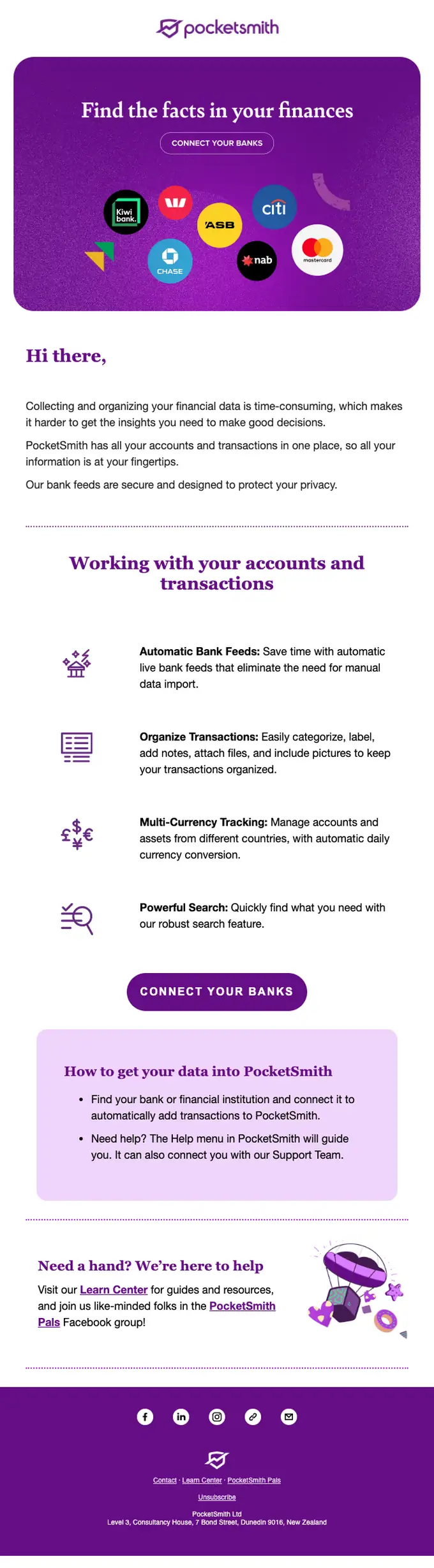 PocketSmith promotional email, full length