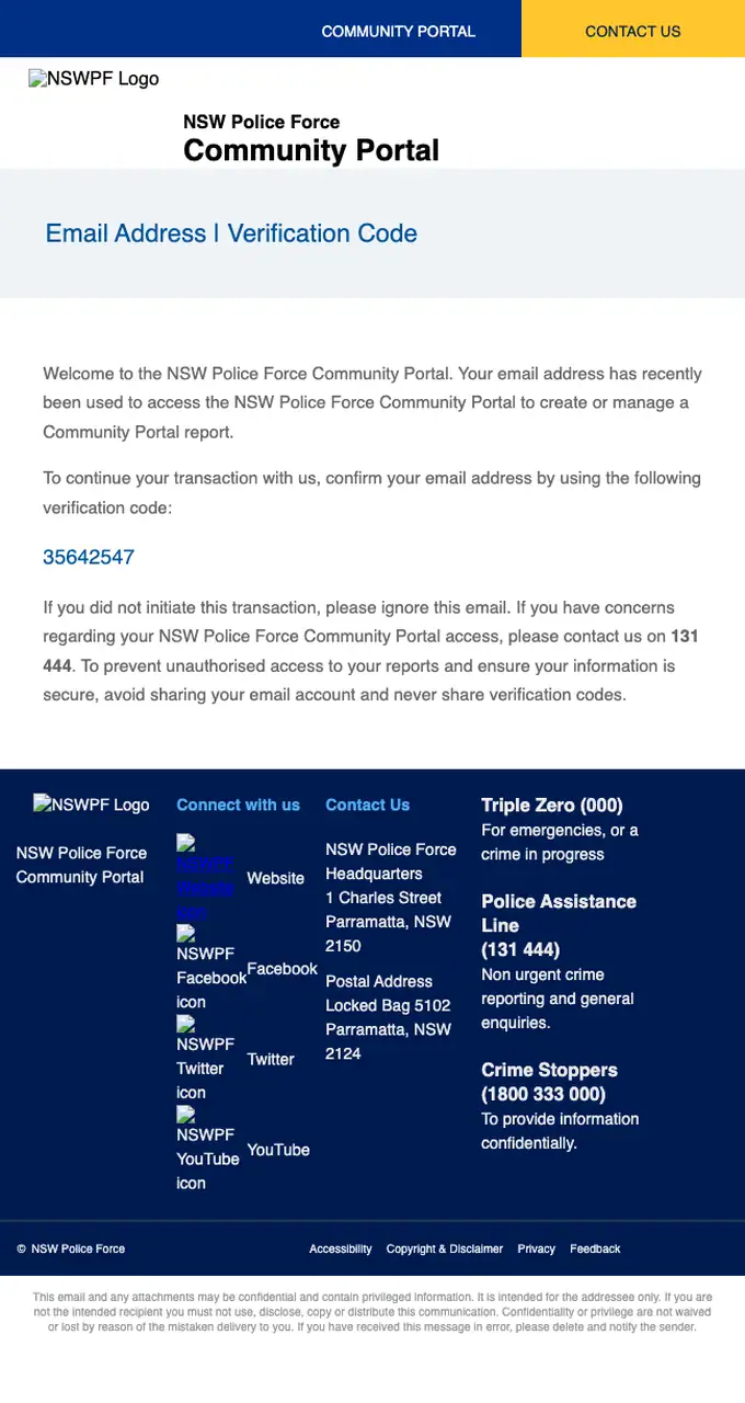 NSW Police Force Community Portal email verification email, full length