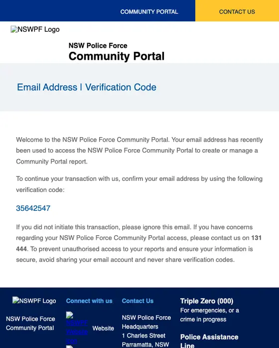 NSW Police Force Community Portal email verification email