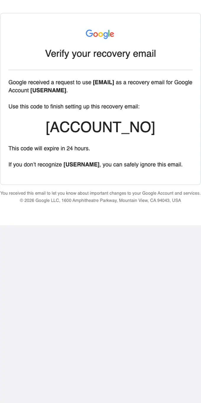 Google email verification email, full length