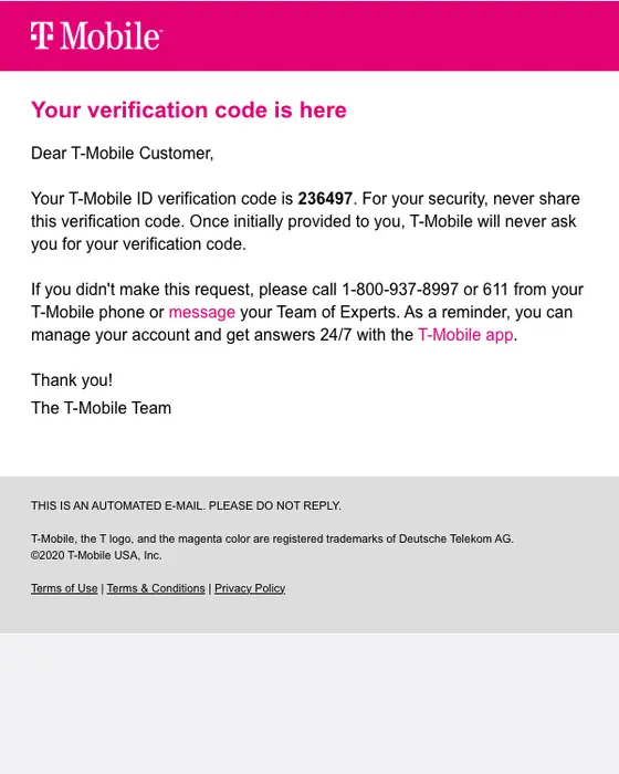 T-Mobile otp email