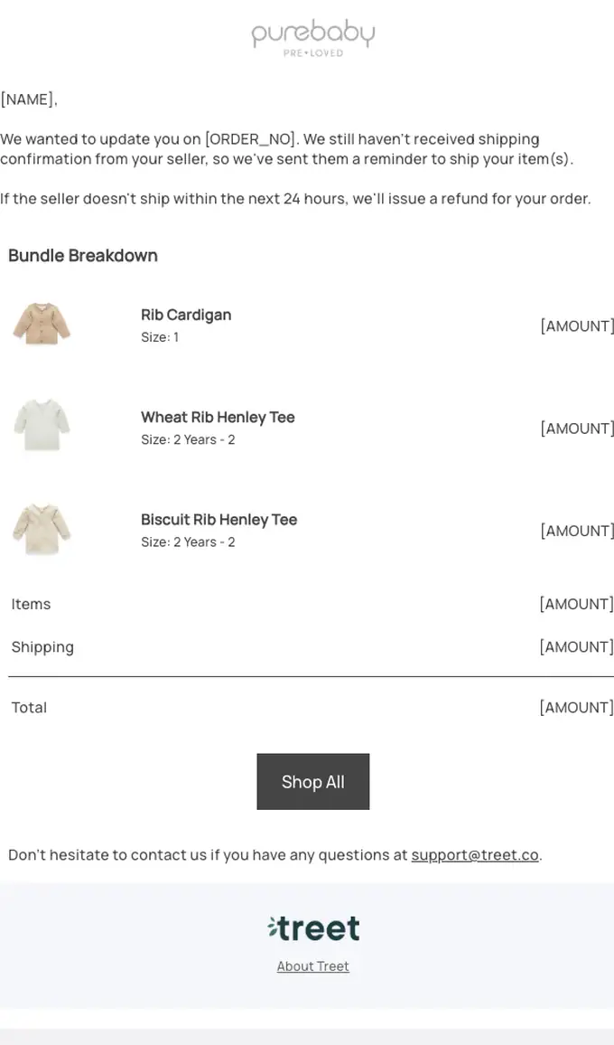 Purebaby Pre-Loved order reminder email, full length