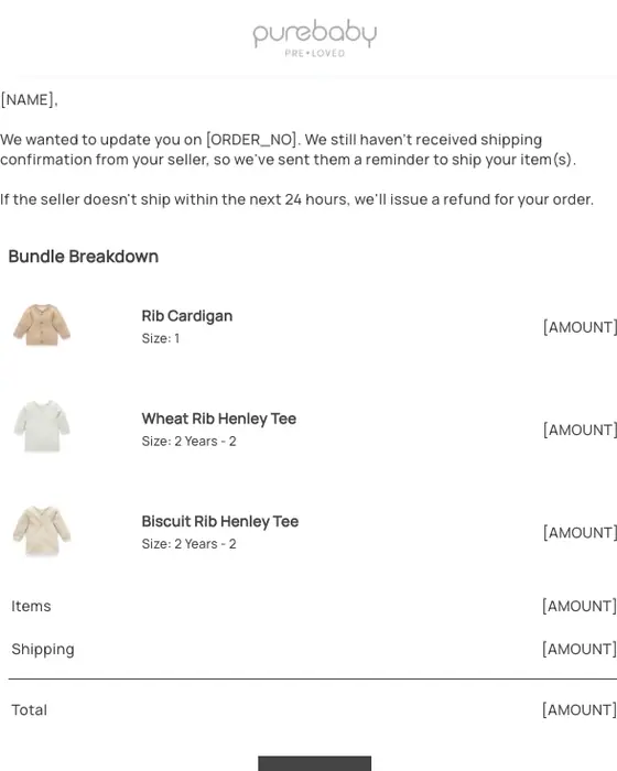 Purebaby Pre-Loved order reminder email