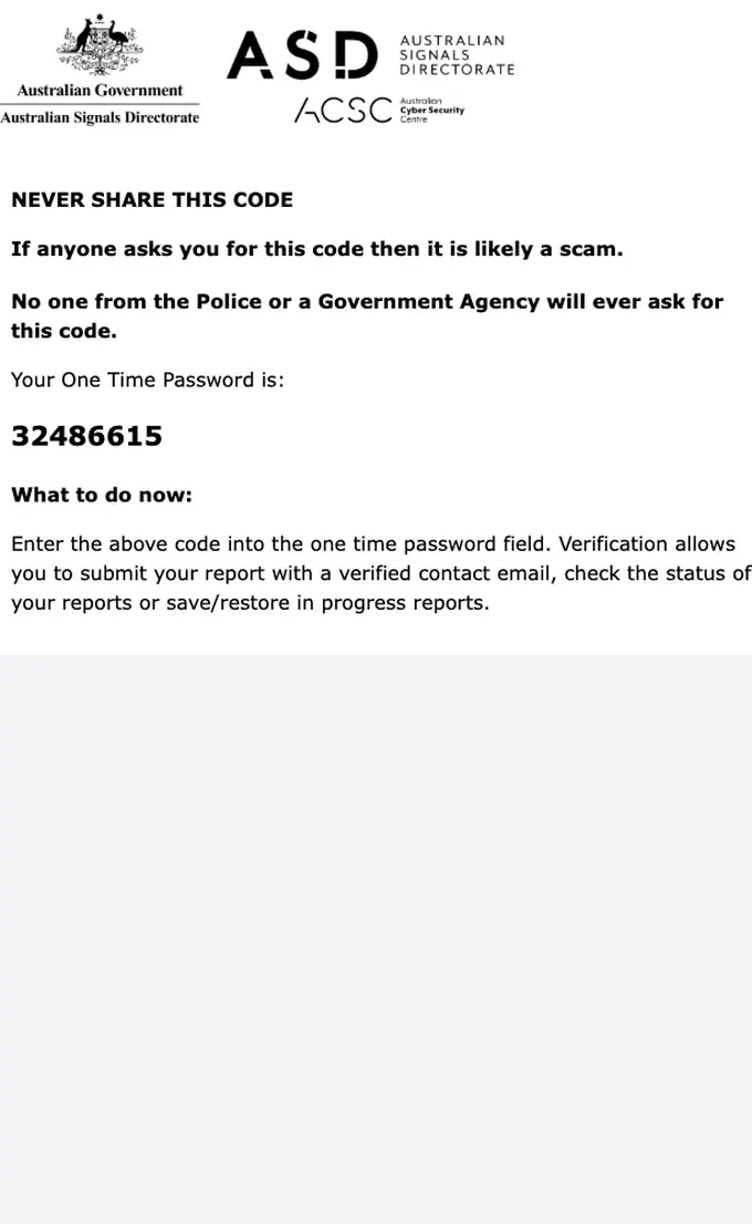 ReportCyber otp email, full length