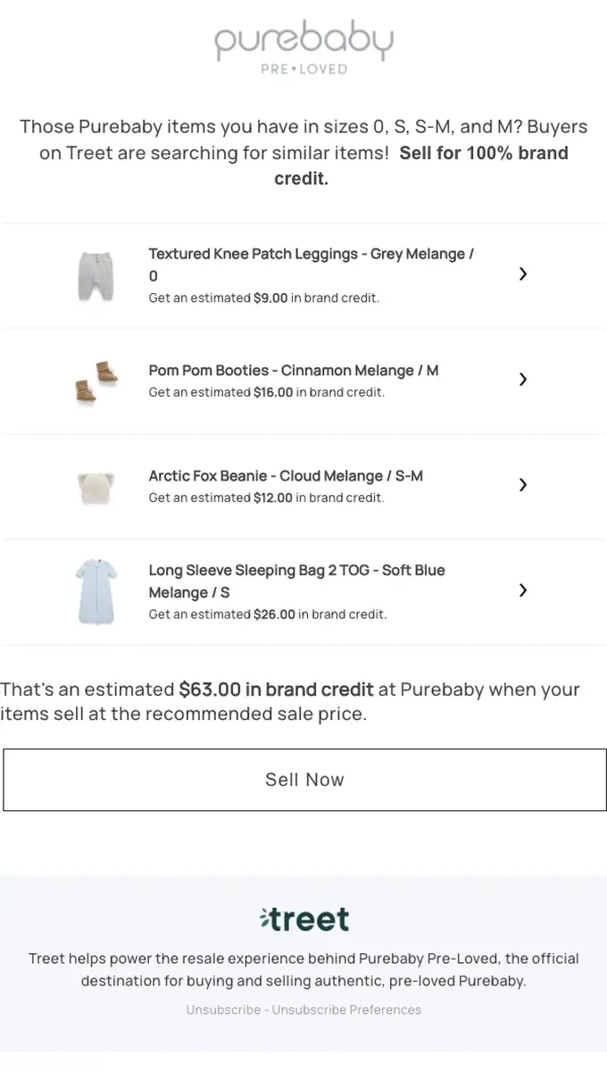 Purebaby Pre-Loved promotional email, full length