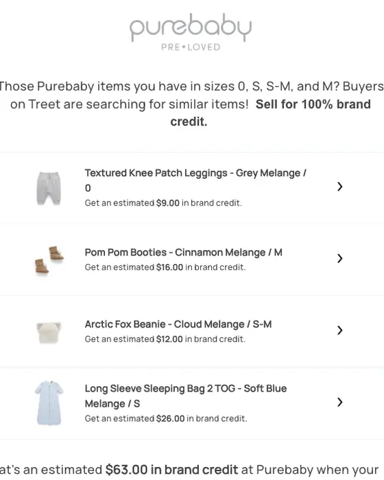 Purebaby Pre-Loved promotional email