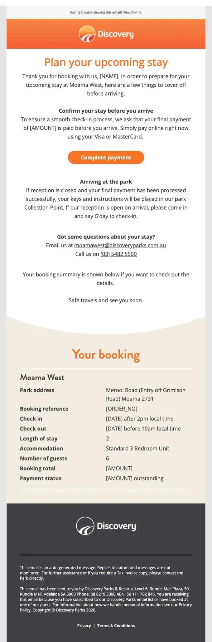 Discovery Parks & Resorts booking confirmation email, full length