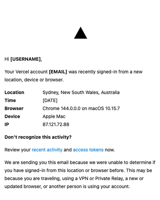 Vercel security alert email