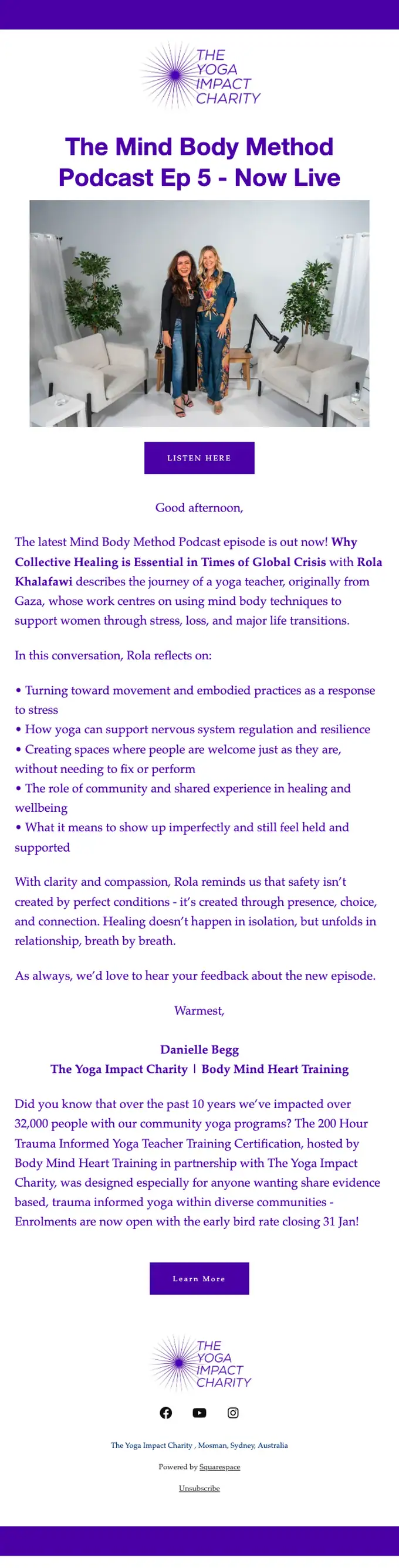 The Yoga Impact Charity newsletter email, full length