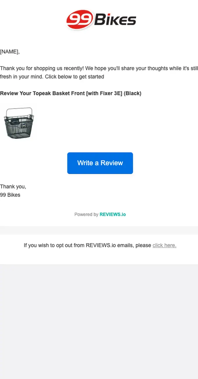 99 Bikes thank you email, full length