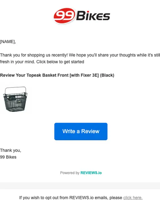 99 Bikes thank you email