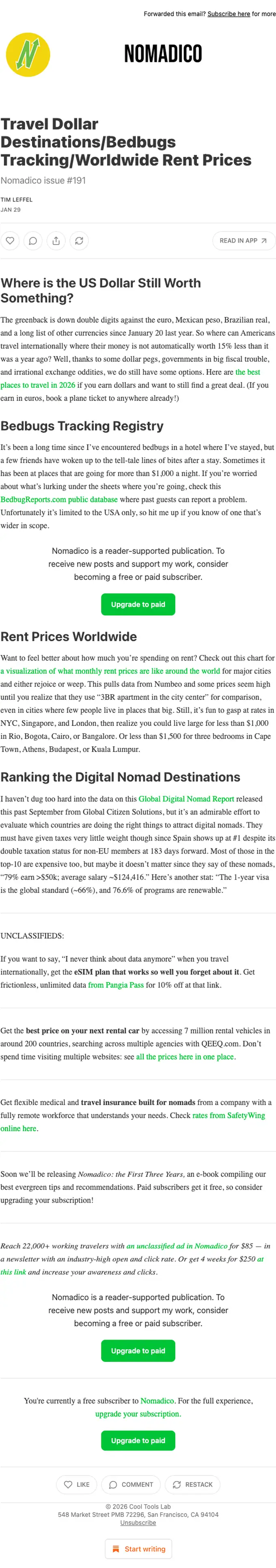 Nomadico newsletter email, full length