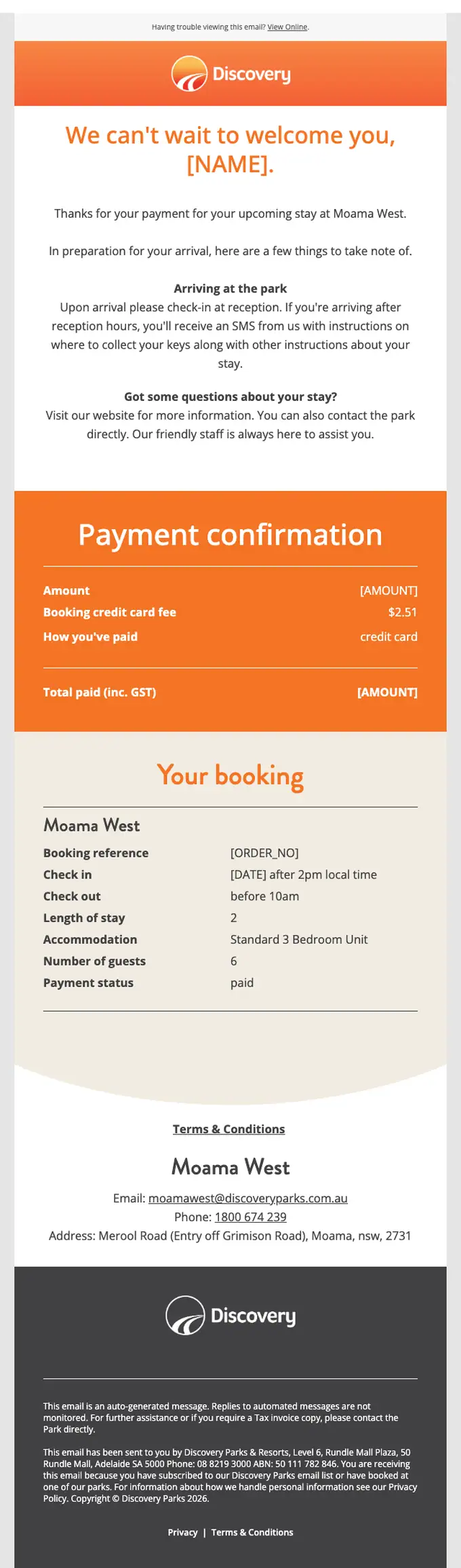 Discovery Parks & Resorts payment confirmation email, full length
