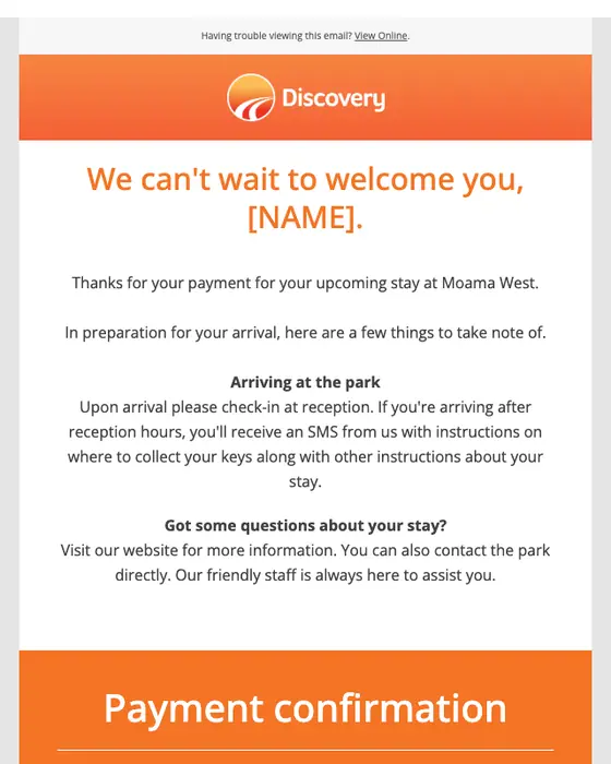 Discovery Parks & Resorts payment confirmation email
