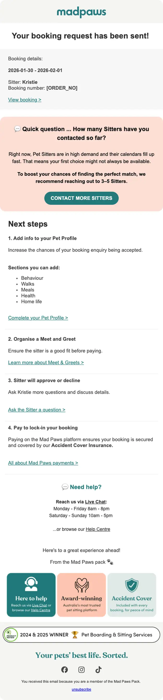 Mad Paws booking confirmation email, full length