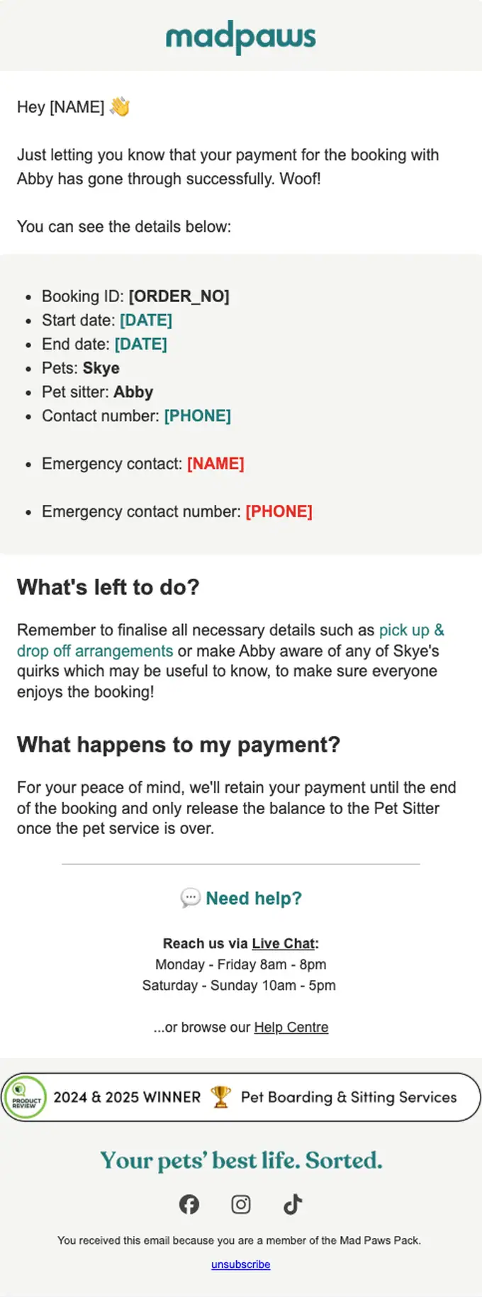 Mad Paws payment confirmation email, full length