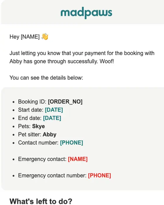 Mad Paws payment confirmation email