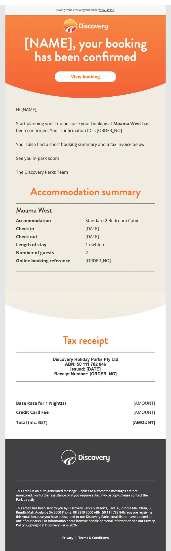Discovery Parks & Resorts booking confirmation email, full length