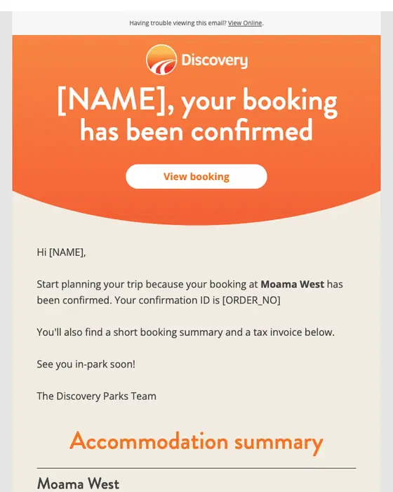 Discovery Parks & Resorts booking confirmation email