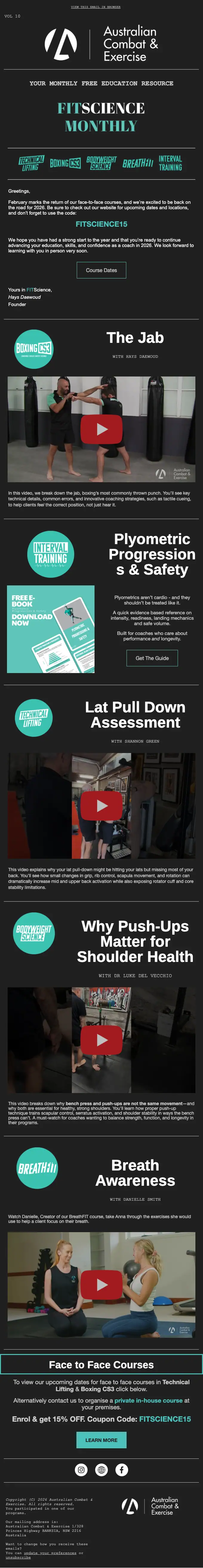 Australian Combat & Exercise newsletter email, full length