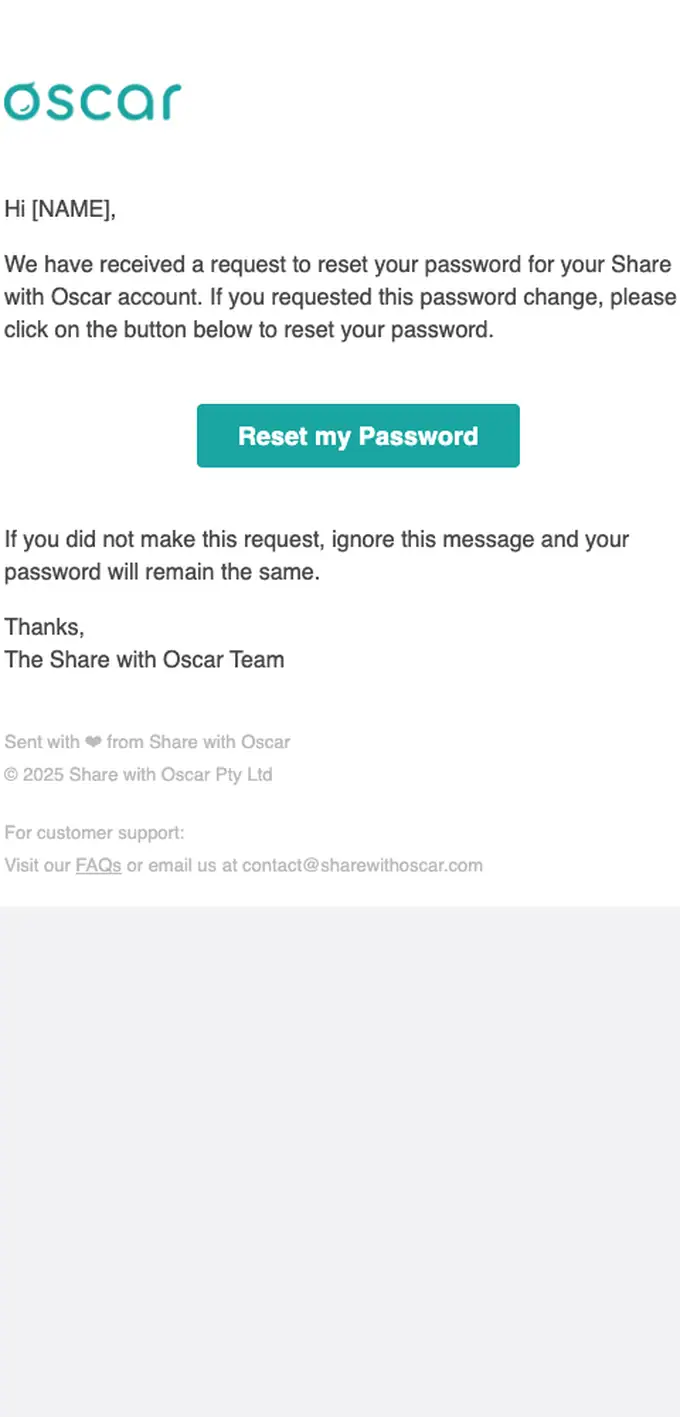 Share with Oscar password reset email, full length