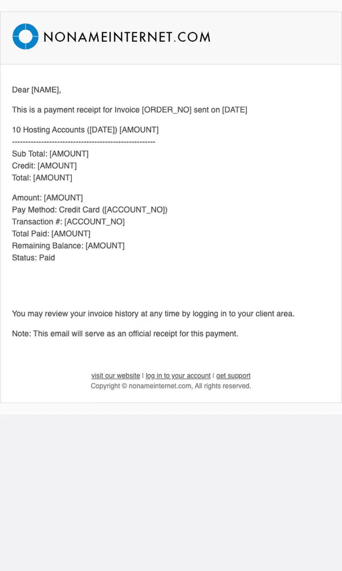 nonameinternet.com payment confirmation email, full length