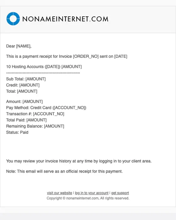nonameinternet.com payment confirmation email